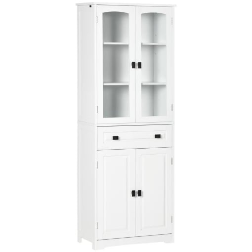 CREDENZA DA CUCINA ALTA CON 2 ARMADIETTI E CASSETTO, ANTE A VETRI E RIPIANI REGOLABILI, 60X30X160CM, BIANCO