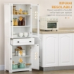 CREDENZA DA CUCINA ALTA CON 2 ARMADIETTI E CASSETTO, ANTE A VETRI E RIPIANI REGOLABILI, 60X30X160CM, BIANCO