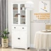 CREDENZA DA CUCINA ALTA CON 2 ARMADIETTI E CASSETTO, ANTE A VETRI E RIPIANI REGOLABILI, 60X30X160CM, BIANCO