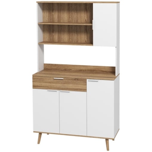 CREDENZA MODERNA MOBILE DISPENSA CON ARMADIETTI E CASSETTO, 98X39X180CM, BIANCO E LEGNO