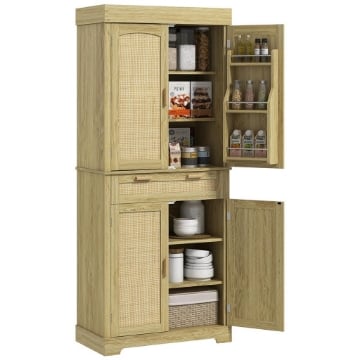 CREDENZA CUCINA STILE BOHO CON 2 ARMADIETTI, CASSETTO E PORTASPEZIE IN LEGNO E RATTAN, 76X40X183CM, ROVERE