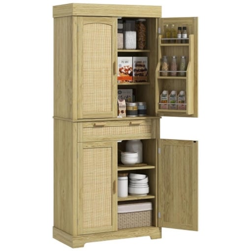 CREDENZA CUCINA STILE BOHO CON 2 ARMADIETTI, CASSETTO E PORTASPEZIE IN LEGNO E RATTAN, 76X40X183CM, ROVERE