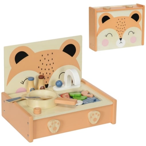 CUCINA GIOCATTOLO PER BAMBINI 3-5 ANNI CON FORNELLO E 12 ACCESSORI IN LEGNO, MULTICOLORE