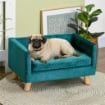 DIVANETTO PER CANI E GATTI STILE SCANDINAVO CON CUSCINO IMBOTTITO IN VELLUTO E LEGNO, 64X45X36CM, BLU