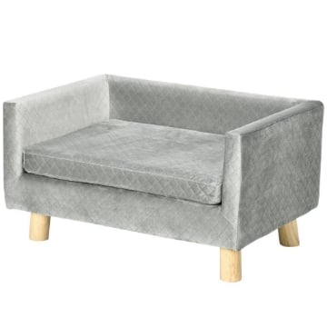 DIVANETTO PER CANI E GATTI STILE SCANDINAVO CON CUSCINO IMBOTTITO IN VELLUTO E LEGNO, 64X45X36CM, GRIGIO