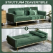 DIVANO LETTO 3 POSTI CON DESIGN CLIC CLAC E 2 CUSCINI, IN TESSUTO EFFETTO VELLUTO, 206X81X83 CM, VERDE