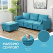 DIVANO COMPONIBILE MODULARE 3 POSTI CON POUF POGGIAPIEDI E CUSCINI, RIVESTIMENTO IN FLANELLA, BLU