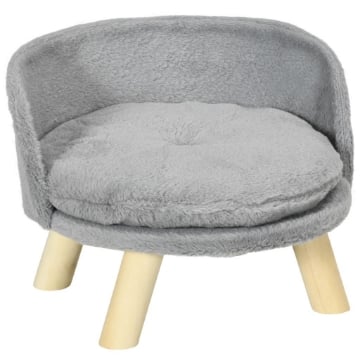 Divano per Cani Rotondo in Tessuto di Peluche e Legno con Cuscino Extra, Ï40.5x33 cm, Grigio e color Legno