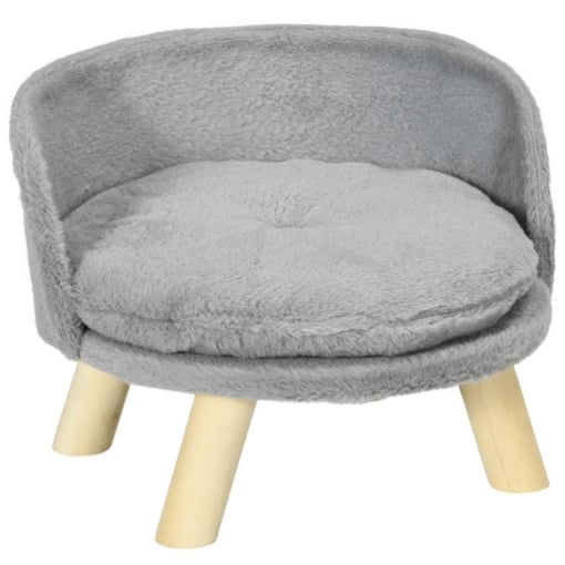 Divano per Cani Rotondo in Tessuto di Peluche e Legno con Cuscino Extra, Ï40.5x33 cm, Grigio e color Legno