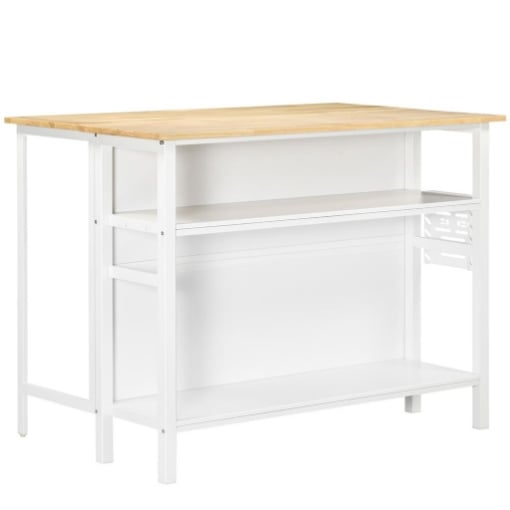 ISOLA CUCINA CON PIANO DI LAVORO PIEGHEVOLE E 2 RIPIANI IN LEGNO E ACCIAIO, 120X76X91.5CM, BIANCO