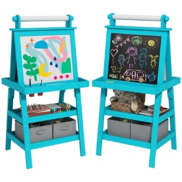 LAVAGNA PER BAMBINI CON CAVALLETTO 3 IN 1, ROTOLO DI CARTA E 2 CONTENITORI, IN LEGNO, 59X48X118 CM, BLU