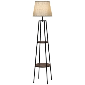 LAMPADA DA TERRA A 2 RIPIANI IN METALLO E MDF CON PARALUME IN TESSUTO, Ï42X166 CM, NERO E MARRONE