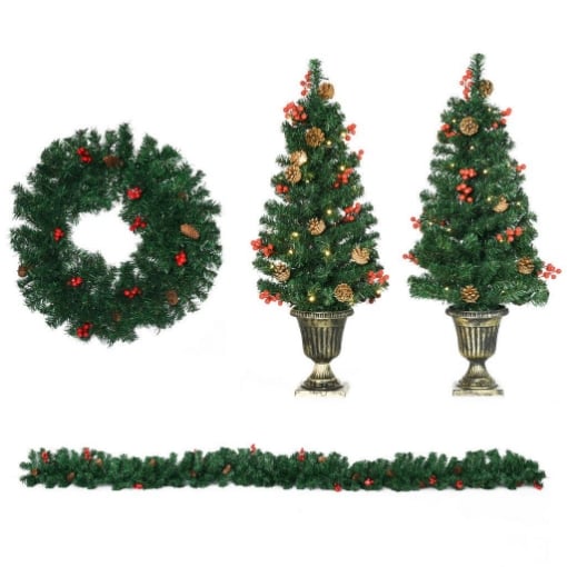 DECORAZIONI NATALIZIE, SET 4 PEZZI CON 2 ALBERELLI DI NATALE Ø40X90 CM, GHIRLANDA NATALIZIA E CORONA DI NATALE