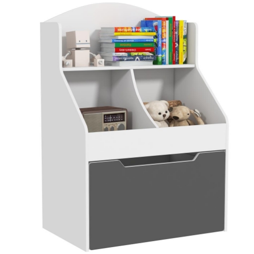 LIBRERIA PER BAMBINI A 2 LIVELLI CON CASSETTO SU RUOTE PER GIOCHI E LIBRI, 62X40X88 CM, BIANCO