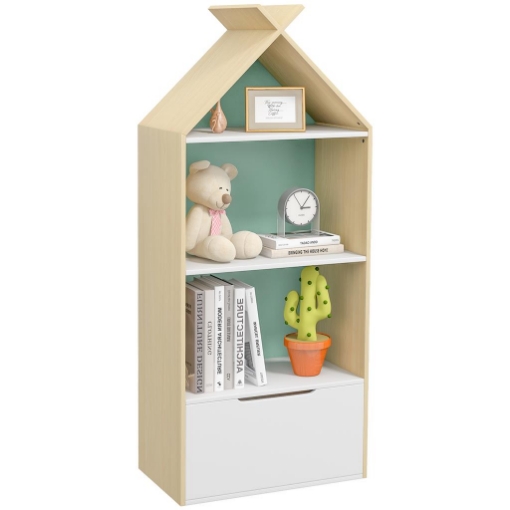 LIBRERIA PER BAMBINI A 3 RIPIANI CON CASSETTO E DISPOSITIVO ANTIRIBALTAMENTO, 50X30X119.5CM, VERDE