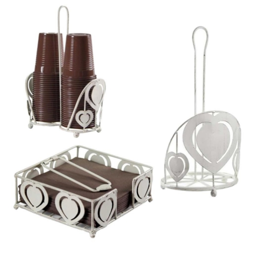 SET DA CUCINA IN METALLO STILE SHABBY CHIC DESIGN CUORE IN COLORE BIANCO