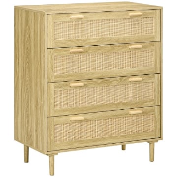 MOBILE CASSETTIERA 4 CASSETTI STILE BOHO IN LEGNO E RATTAN, 90X45X108.5CM, ROVERE