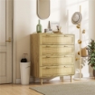 MOBILE CASSETTIERA 4 CASSETTI STILE BOHO IN LEGNO E RATTAN, 90X45X108.5CM, ROVERE