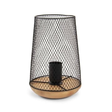 LAMPADA DA ARREDO IN METALLO CON BASE LEGNO A RETE 17X17X23CM IN COLORE NERO