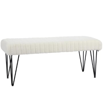 PANCA FONDOLETTO MODERNA CON GAMBE A FORCINA, IN TESSUTO EFFETTO CINIGLIA, LEGNO E METALLO, 118.5X46X49.5 CM, CREMA