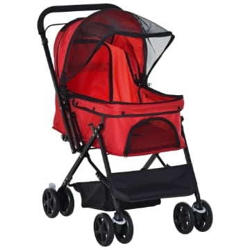 PASSEGGINO PER CANI PICCOLI PIEGHEVOLE CON MANIGLIONE GIREVOLE E RUOTE CON FRENI, 76.5X52X95CM, ROSSO