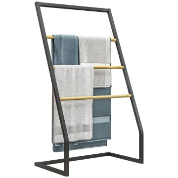 PORTASCIUGAMANI A 4 SBARRE IN ACCIAIO E BAMB¨, 60X35X102 CM, NERO E COLOR LEGNO