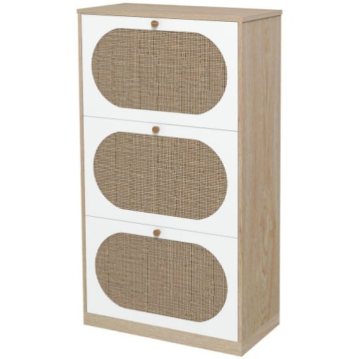 SCARPIERA STILE BOHO IN RATTAN, TRUCIOLATO E MDF CON 3 RIPIANI REGOLABILI PER 18 PAIA MAX, 60X24X115 CM