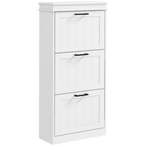 SCARPIERA MODERNA CON 3 CASSETTI RIBALTABILI PER 15 PAIA DI SCARPE E RIPIANO REGOLABILE, 54X24X117.5CM, BIANCO