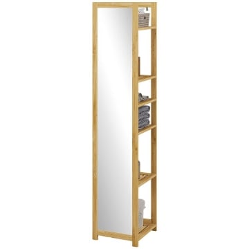 SCAFFALE DA BAGNO CON SPECCHIO E 6 RIPIANI A DOGHE IN BAMBÙ, 35X35X168CM, COLORE LEGNO