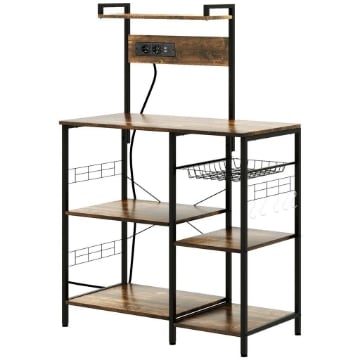 SCAFFALE CUCINA MULTIPRESA PER MICROONDE CON RIPIANI E CESTINO A RETE, 90X42X130CM, MARRONE