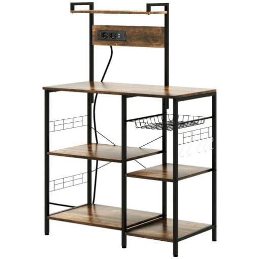 SCAFFALE CUCINA MULTIPRESA PER MICROONDE CON RIPIANI E CESTINO A RETE, 90X42X130CM, MARRONE