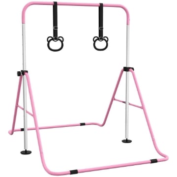 SBARRA GINNASTICA ARTISTICA PER BAMBINI AD ALTEZZA REGOLABILE CON 2 ANELLI, IN ACCIAIO, 148X105X88-128 CM, ROSA