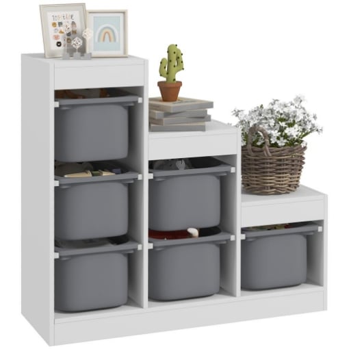 SCAFFALE PORTAGIOCHI A 3 LIVELLI CON 6 CONTENITORI PER BAMBINI DA 3-8 ANNI, 96X38.5X90CM, GRIGIO