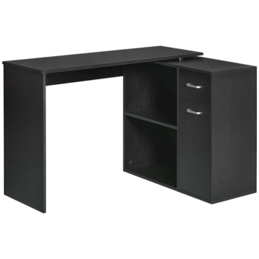 SCRIVANIA ANGOLARE PER STUDIO E UFFICIO CON 2 CASSETTI E 2 RIPIANI, IN LEGNO, 117X82X74 CM, NERO