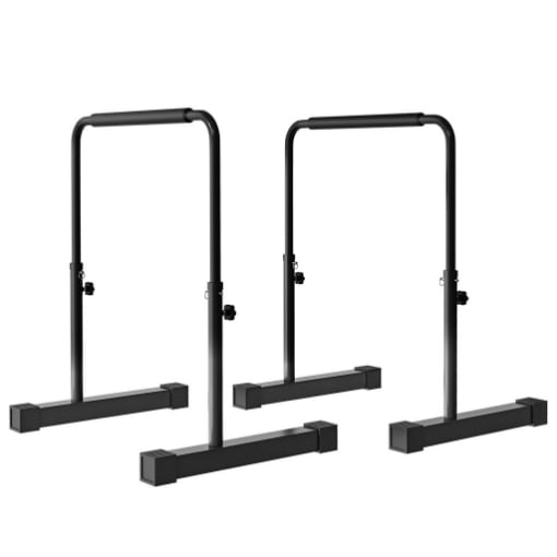 SET 2 BARRE PER DIP REGOLABILE SU 4 ALTEZZE CON MANIGLIE ANTISCIVOLO IN ACCIAIO, 70X50X80-105 CM, NERO