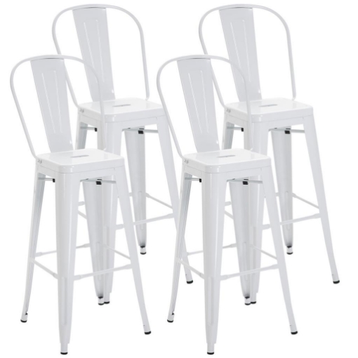 SET 4 SGABELLI ERGONOMICI IN METALLO CON SCHIENALE RIMOVIBILE E POGGIAPIEDI, 44X53X116 CM, BIANCO