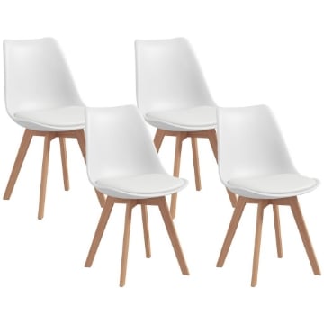 SET 4 SEDIE DA PRANZO STILE NORDICO IN PLASTICA CON GAMBE IN LEGNO E CUSCINO IN FINTA PELLE, BIANCO