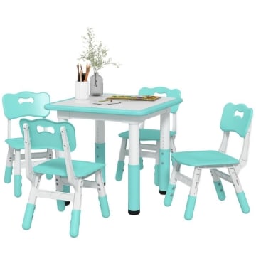 SET TAVOLO E SEDIE PER BAMBINI 5PZ CON 4 SEDIE REGOLABILI 32X36X52.5-56 CM E TAVOLO 60X60X46-58 CM, VERDE