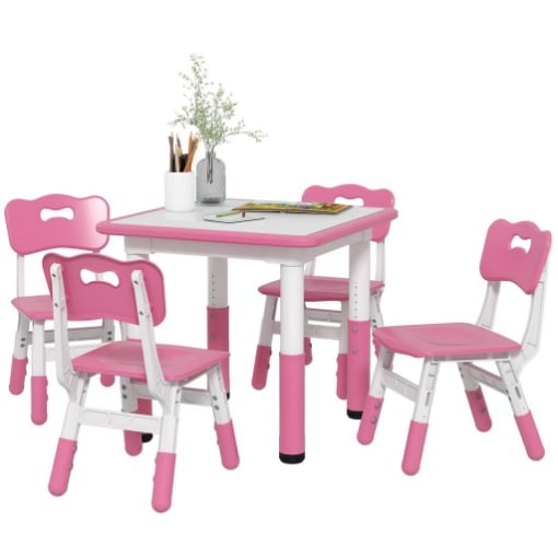 SET TAVOLO E SEDIE PER BAMBINI 5PZ CON 4 SEDIE REGOLABILI 32X36X52.5-56 CM E TAVOLO 60X60X46-58 CM, ROSA