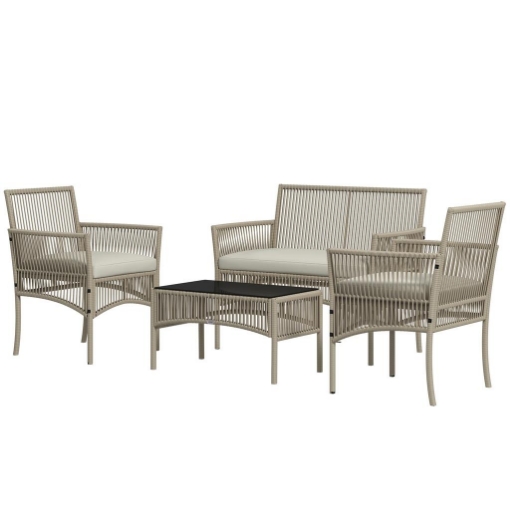 SET DA GIARDINO IN RATTAN DA 4 PEZZI CON 2 POLTRONCINE, DIVANO E TAVOLINO DA CAFFÞ, KAKI E NERO