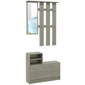 SET MOBILI DA INGRESSO CON APPENDIABITI, SPECCHIO, PANCA CON SCAFFALE E SCARPIERA PER 8 PAIA DI SCARPE, GRIGIO