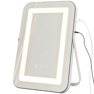 SPECCHIO TRUCCO CON LUCI REGOLABILI A 3 COLORI, PRESA USB E SPECCHIETTO INGRANDITORE 10X, 31X41.5X3CM, BIANCO