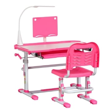 SET SCRIVANIA PER BAMBINI 6-12 ANNI CON SEDIA REGOLABILE IN ALTEZZA, CASSETTO, LUCE E PIANO INCLINABILE, ROSA