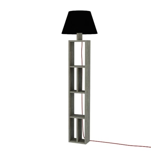 LAMPADA DA TERRA GIORNO IN LEGNO CON LIBRERIA E PARALUME IN TESSUTO COTONE NERO 163,5H CM COLORE DARK COFFEE