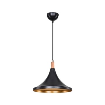 LAMPADA A SOSPENSIONE KANO IN PLASTICA CONICA COLORE NERO COLORE INTERNO ORO I+ INSERTI FINITURA IN LEGNO 70H CM