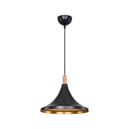 LAMPADA A SOSPENSIONE KANO IN PLASTICA CONICA COLORE NERO COLORE INTERNO ORO I+ INSERTI FINITURA IN LEGNO 70H CM