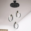 LAMPADA A SOSPENSIONE FELICIA TRE PUNTI LUCE CERCHI LED IN METALLO COLORE NERO E RIFINITURE ORO 90H CM
