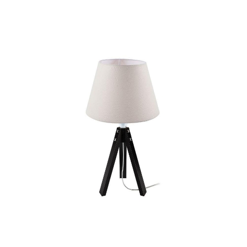 LAMPADA DA TAVOLO CON BASE IN LEGNO COLOR NERO E PARALUME IN TESSUTO BIANCO 3 PIEDINI 58H CM