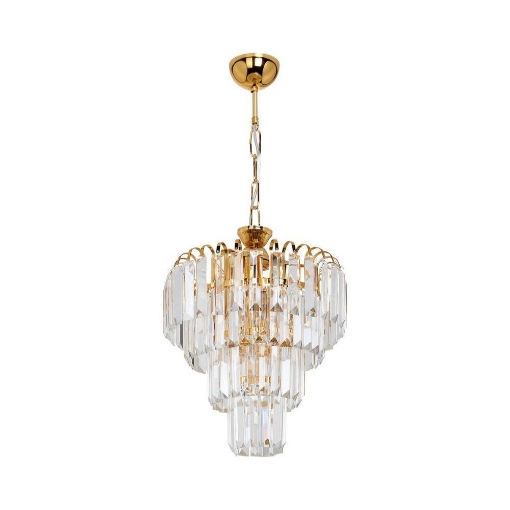 LAMPADA DA SOFFITTO A 3 LUCI  MIRANDA BASE IN METALLO E VETRO COLORE ORO FORMA 4 STADI DI INSERTI IN VETRO 75H CM 