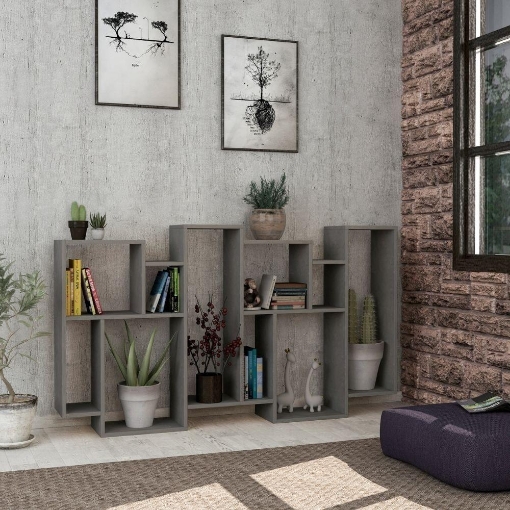 LIBRERIA ORIZZONTALE BIFACCIALE COLOR CEMENTO  MODELLO KARMATO MISURE 96X25,5X168,5 H CM PORTATA 47 KG MAX 